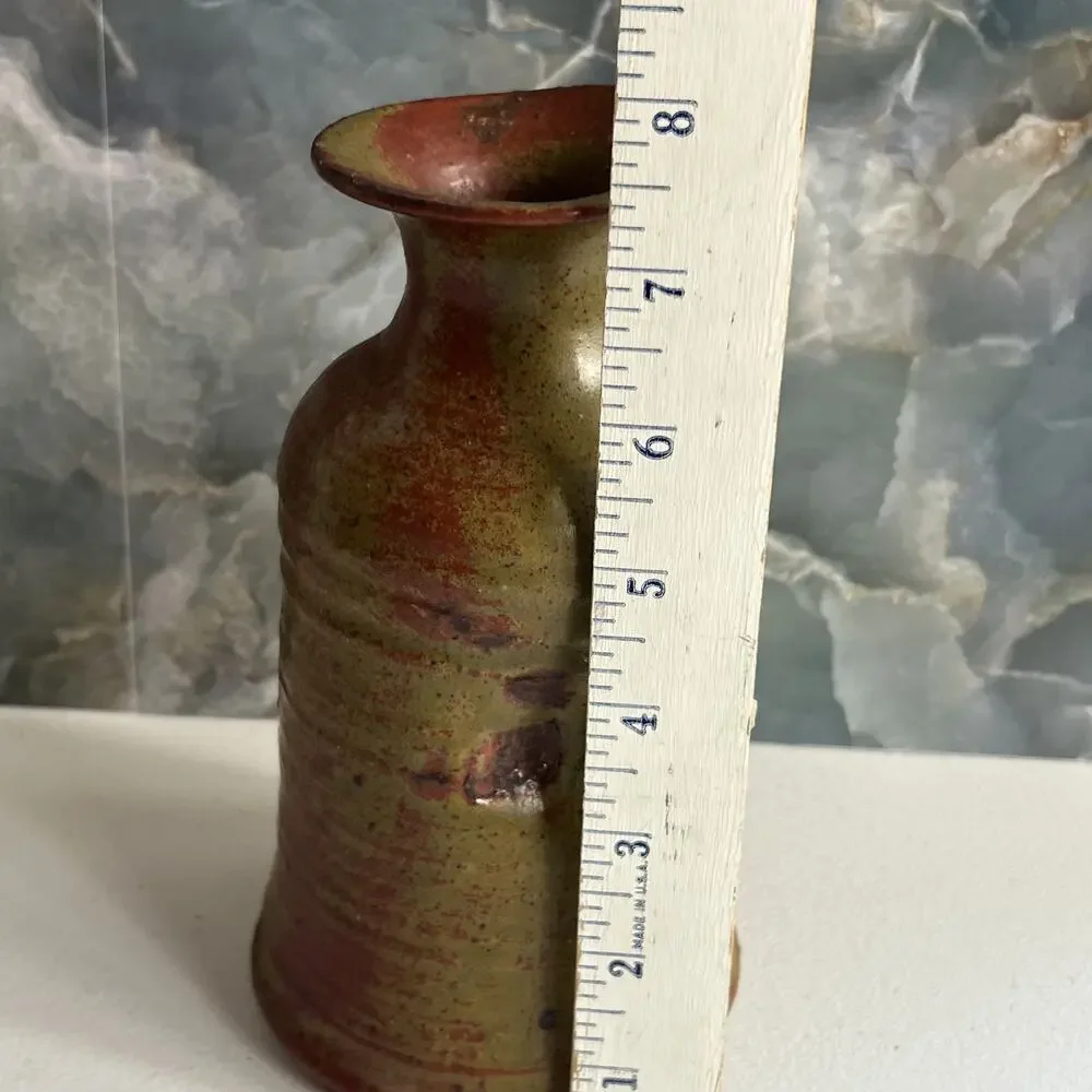Studio Art Pottery Vase Handmade Vase Red Orange Green Mix Speckled 7.5